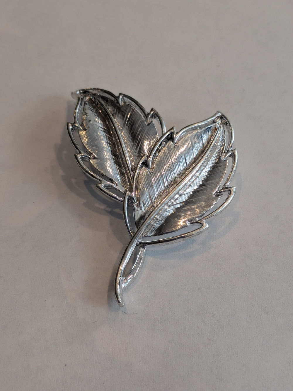 Vintage Silver Leaf Brooch Pin - Double Feather Design